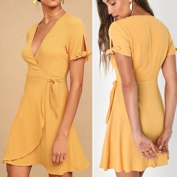 Lulu's Dresses & Skirts - LULUs My Philosophy Golden Yellow Wrap Mini Dress Sz. S